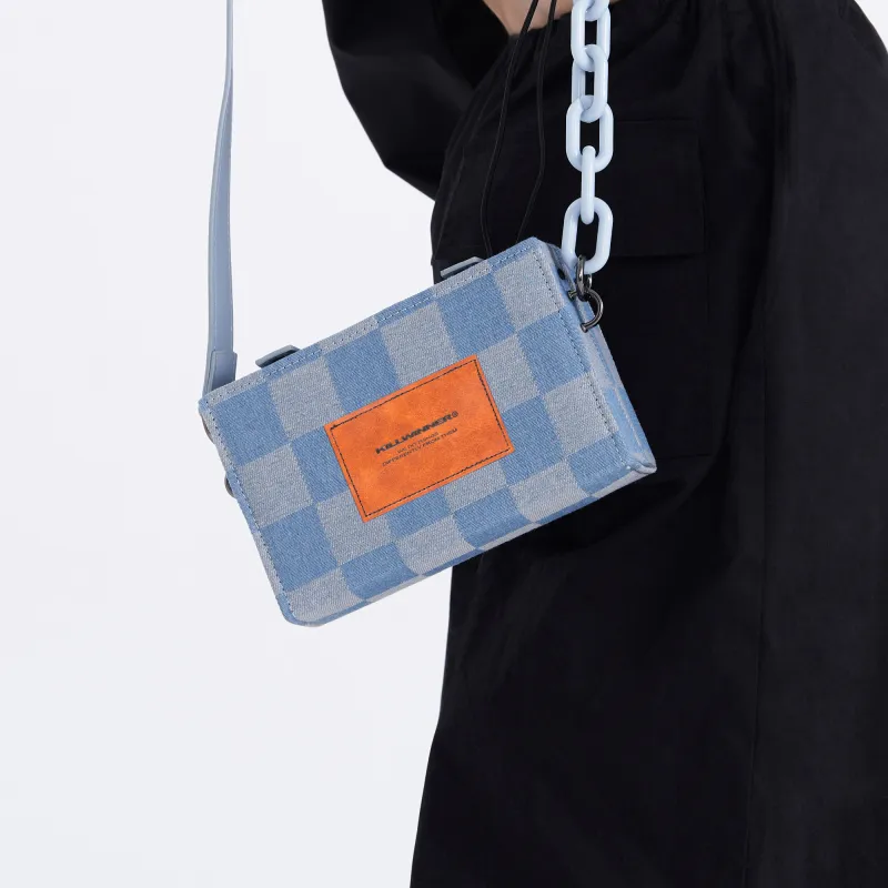 KILLWINNER Denim Small Square Bag Box Shoulder Bag Crossbody Bag Unisex Blue-17