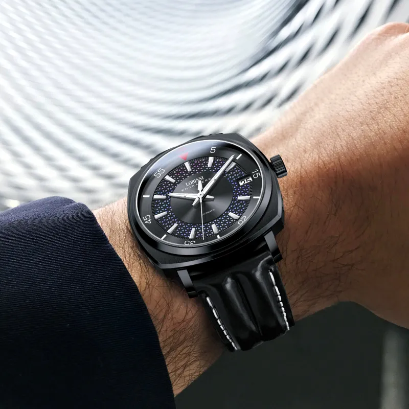 LOBINNI L Automatic Mechanical Movement Genuine Leather Strap Watch Men's Watches Black Dial-5