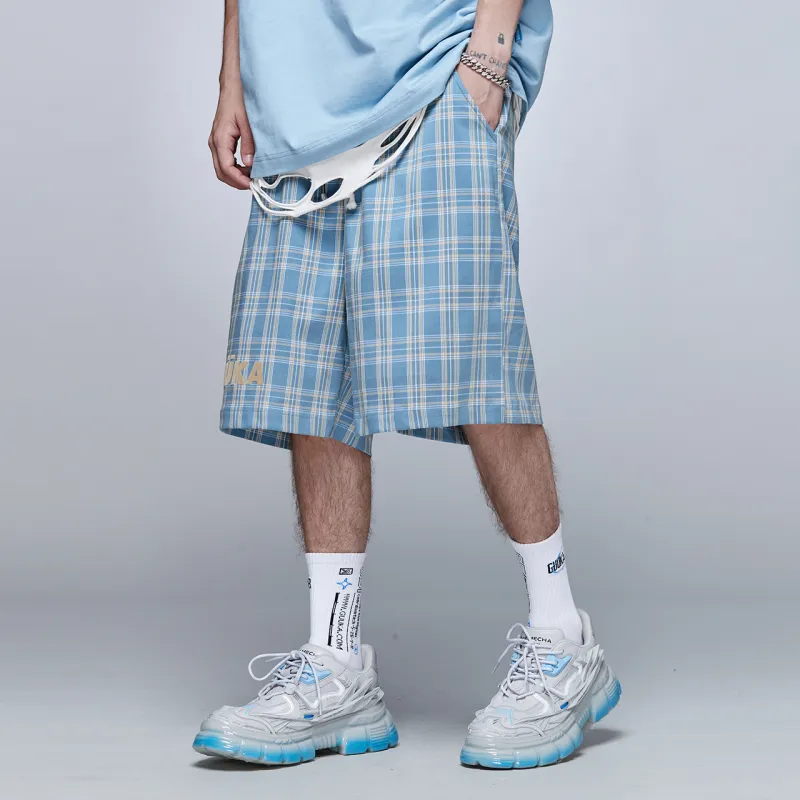 Guuka Casual Shorts Men Blue Plaid-6