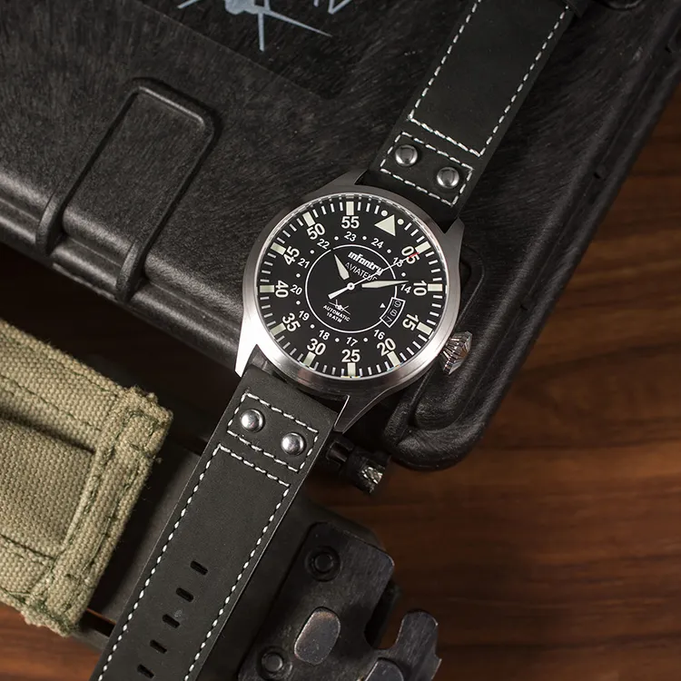 INFANTRY Pilot Collection · Explorer Mechanical Movement Genuine Leather Strap Watch Men's Watches Black Dial-2
