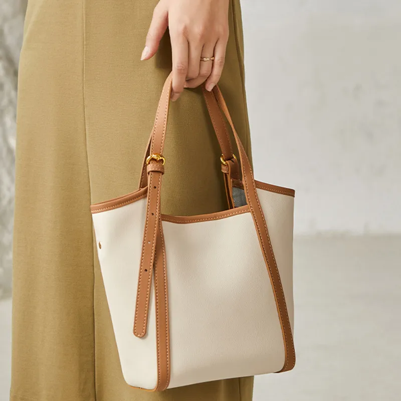 JANE KLAIN Cow Leather Tote Bag Shopping Bag Bucket Bag Handbag Shoulder Bag Medium Size Women's Milkshake White-6