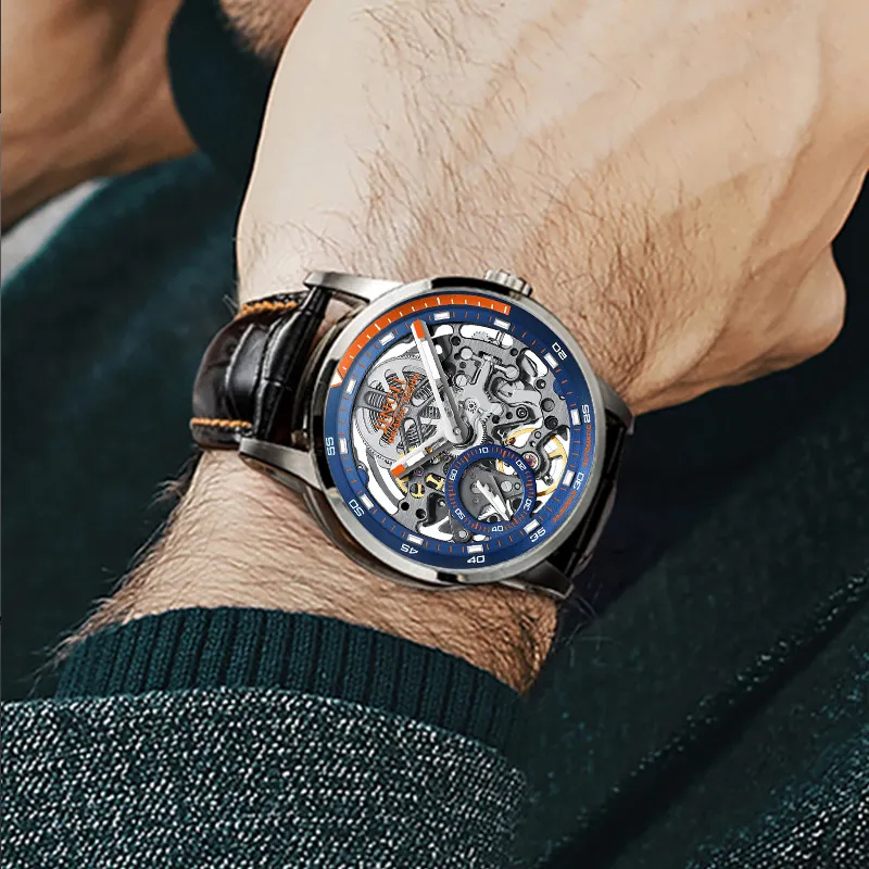 JINLERY Machine Automatic Mechanical Movement Genuine Leather Strap Watch Men's Watches Cut-Out Dial J9033-17