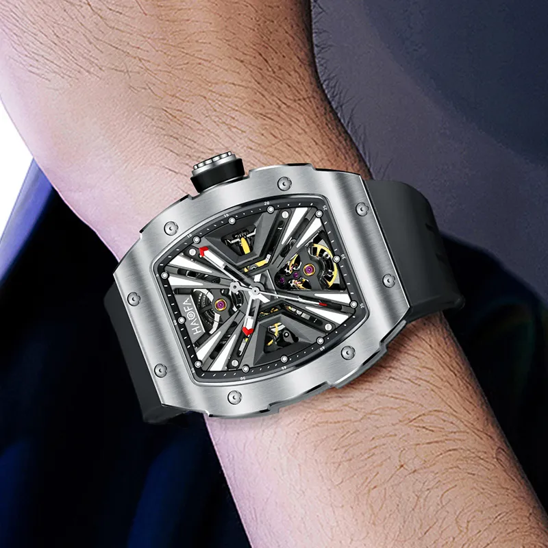 HaofaTourbillon Mechanical Movement Rubber Strap Watch Men's Watches Silver Dial-5