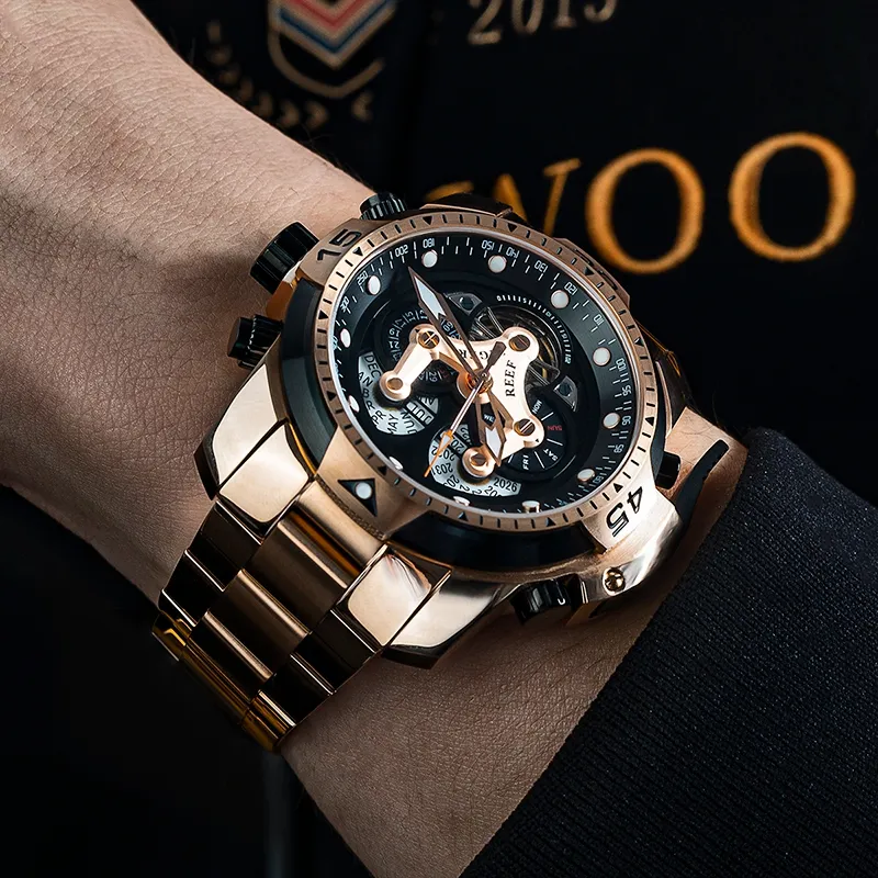 REEF TIGER Mechanical Movement Steel Strap Watch Men's Watches Black Dial-3