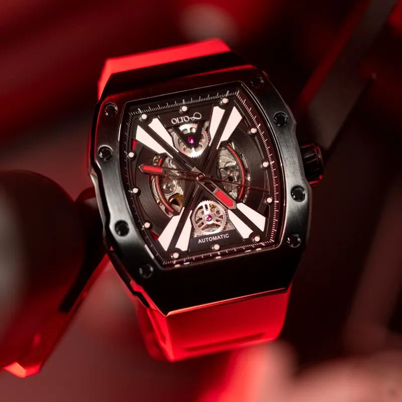 OLTO 8 Explorer Collection Wrist Watch Automatic Mechanical Movement Silicone Strap Black Dial Men's Watches-5