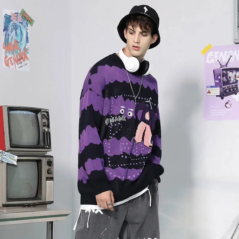 GENANX Sweaters Unisex Black Purple-2