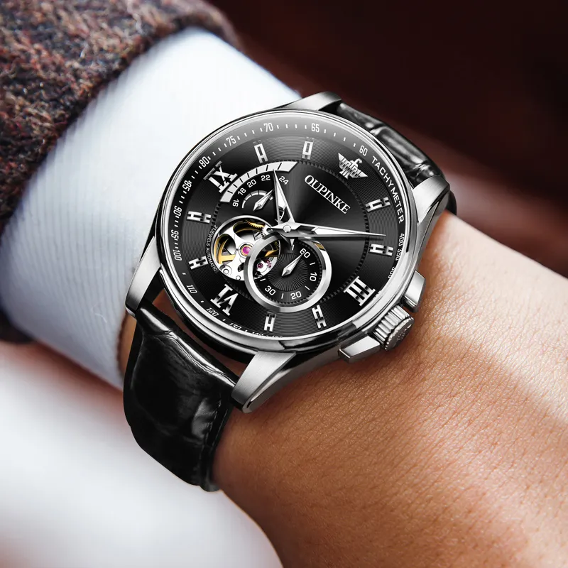 Oupinke Gaias Collection Cut Out Fly Reel Mechanical Movement Leather Strap Watch Men's Watches White Dial-3