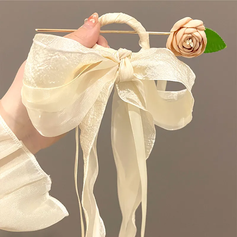 SENDME Hairpins Women's Gauze Ribbon Rose Hairpin-1