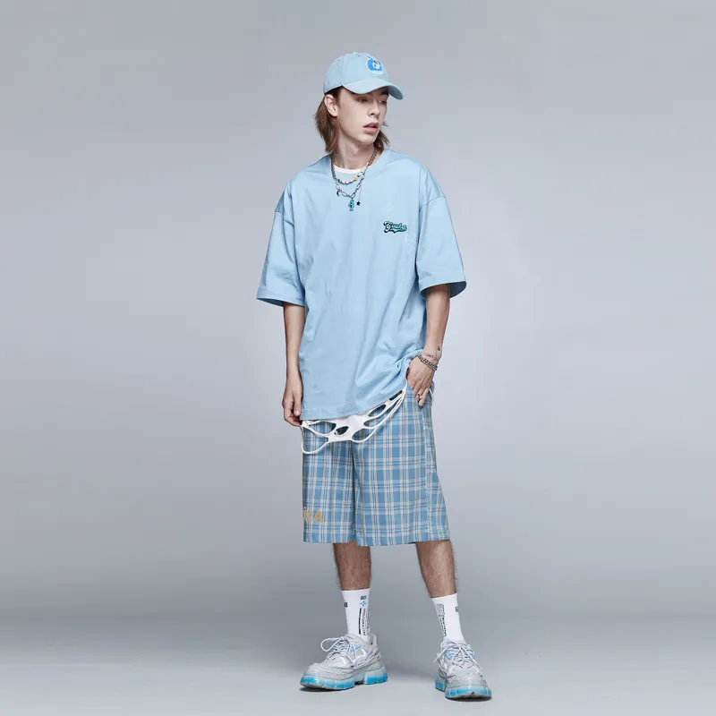 Guuka Casual Shorts Men Blue Plaid-3