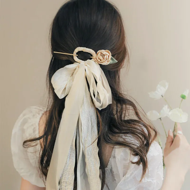 SENDME Hairpins Women's Gauze Ribbon Rose Hairpin-5