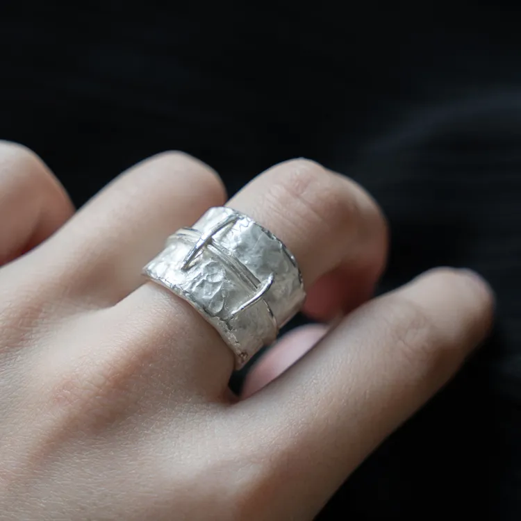 M.Wong Handmade Textured Distressed Burnished 925 Sterling Silver Open Ended Ring Couple Rings Unisex-1