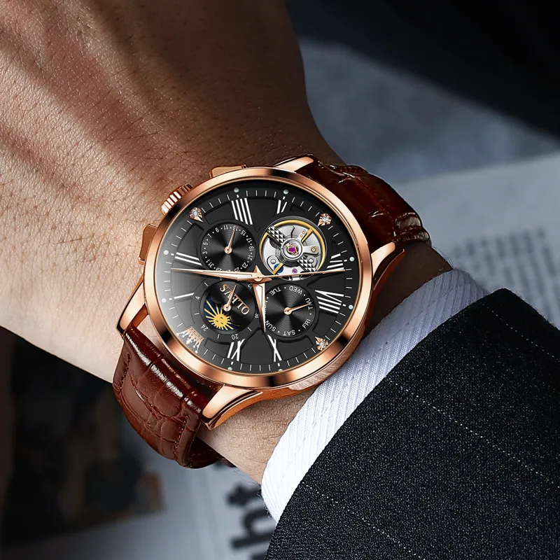 OLEVS Wisdom Series Mechanical Movement Leather Strap Watch Men's Watches Black Dial-27