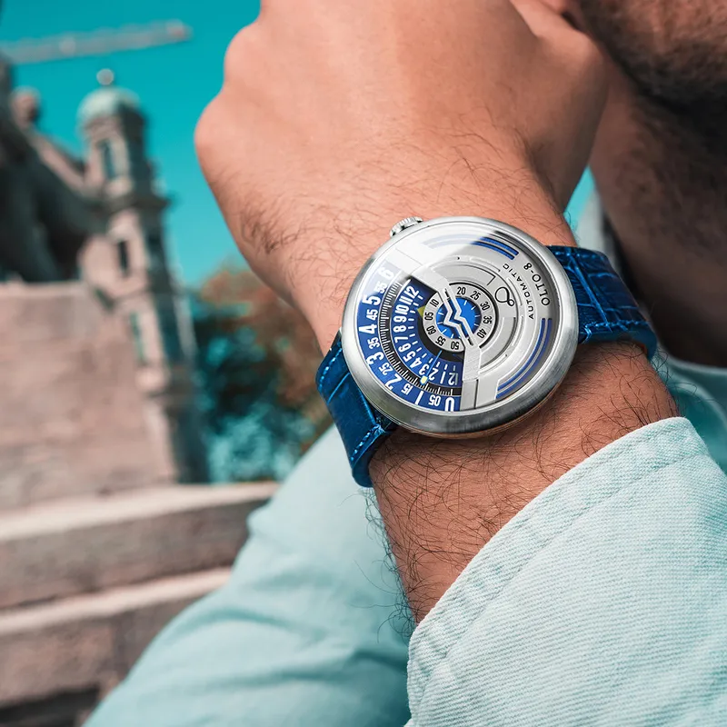 OLTO 8 UFO Series Wrist Watch Automatic Mechanical Movement Leather Watch Bands Blue Dial Men's Watches-3