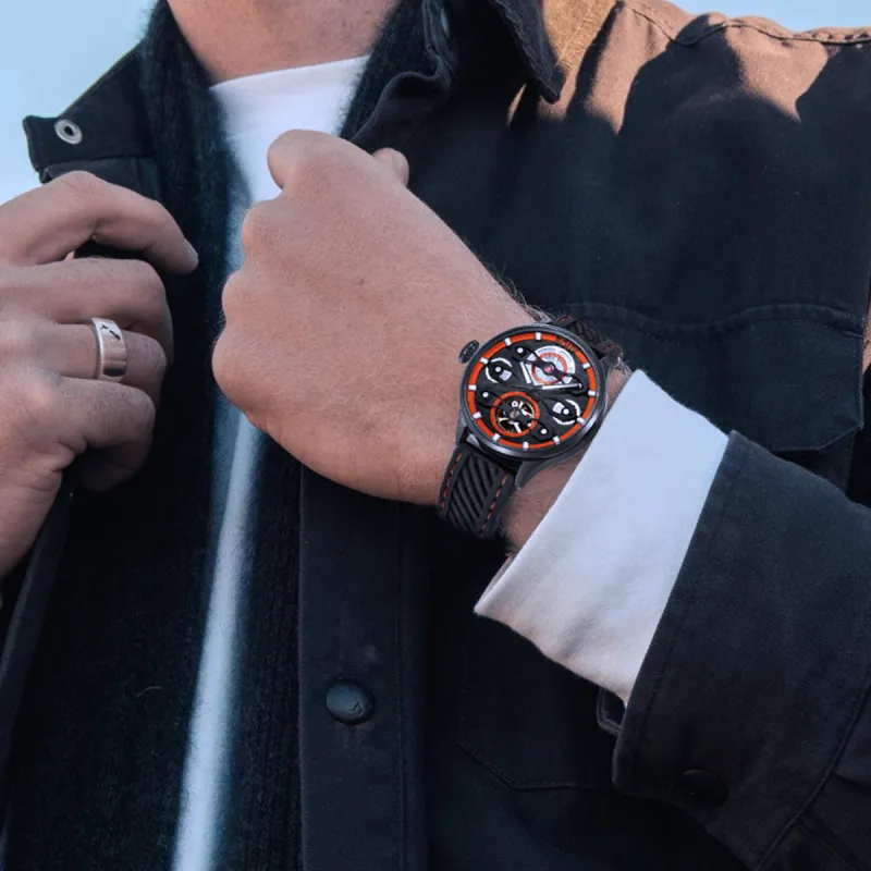BOUX Biker Wind Collection Automatic Mechanical Movement Silicone Strap Watch Men's Watches Orange Watch Dial-4