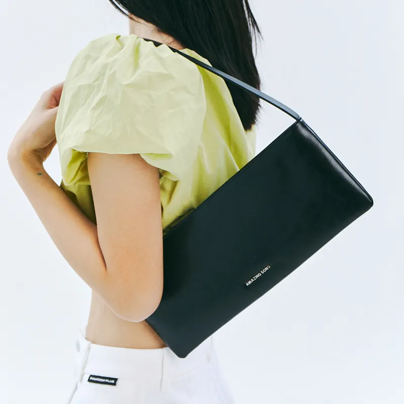 AMAZING SONG Cow Leather Envelope Bag, Shoulder Bag, Handbag Women's Oil Wax Black-4
