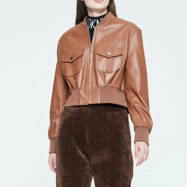 DKNY Leather Jackets Women's Dark Coffee-2