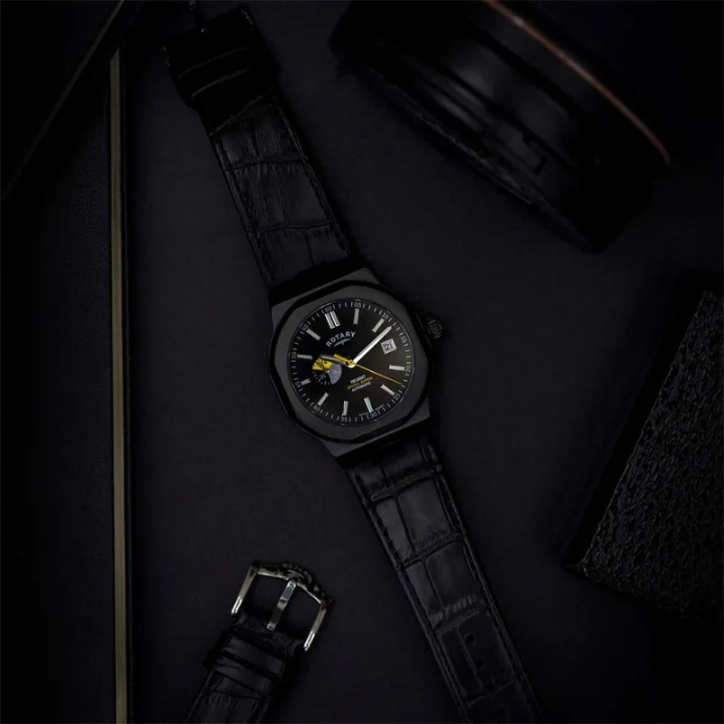 ROTARY Wrist Watch Automatic Mechanical Movement Genuine Leather Strap Black Dial Men's Watches-26