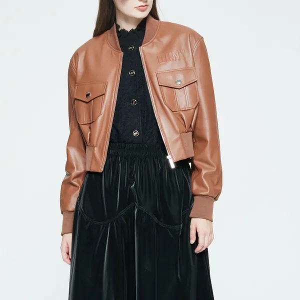 DKNY Leather Jackets Women's Dark Coffee-5