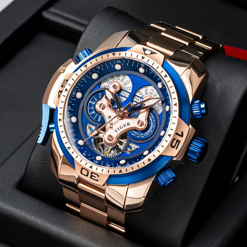 REEF TIGER Mechanical Movement Steel Strap Watch Men's Watches Black Dial-3