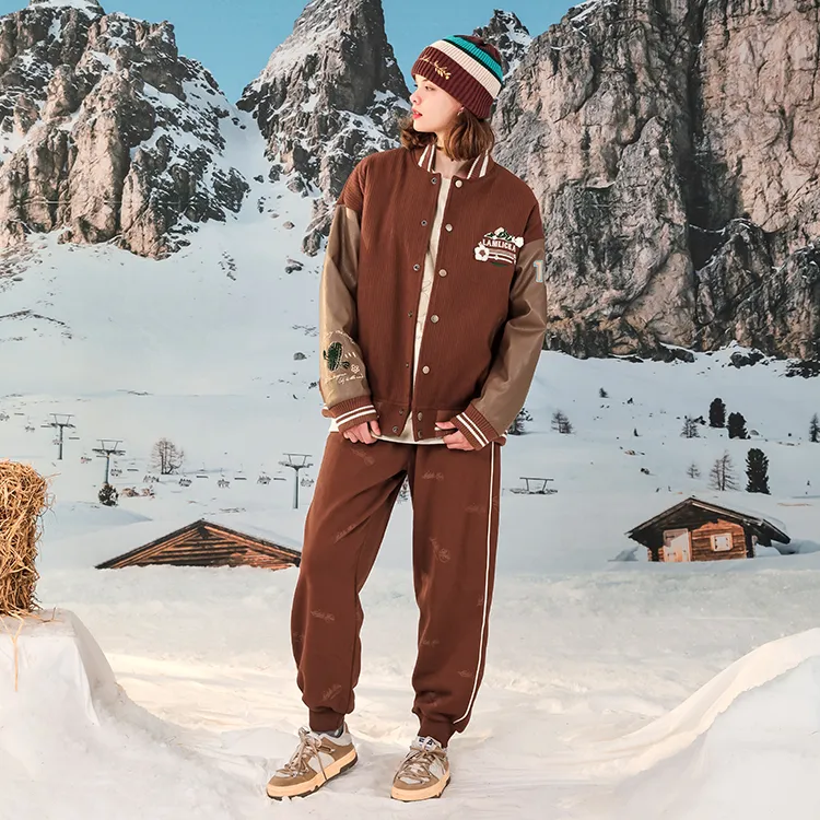 LAMLICKA Solid Color Baseball Collar Loose Fit Puffer Jacket Unisex Brown-3