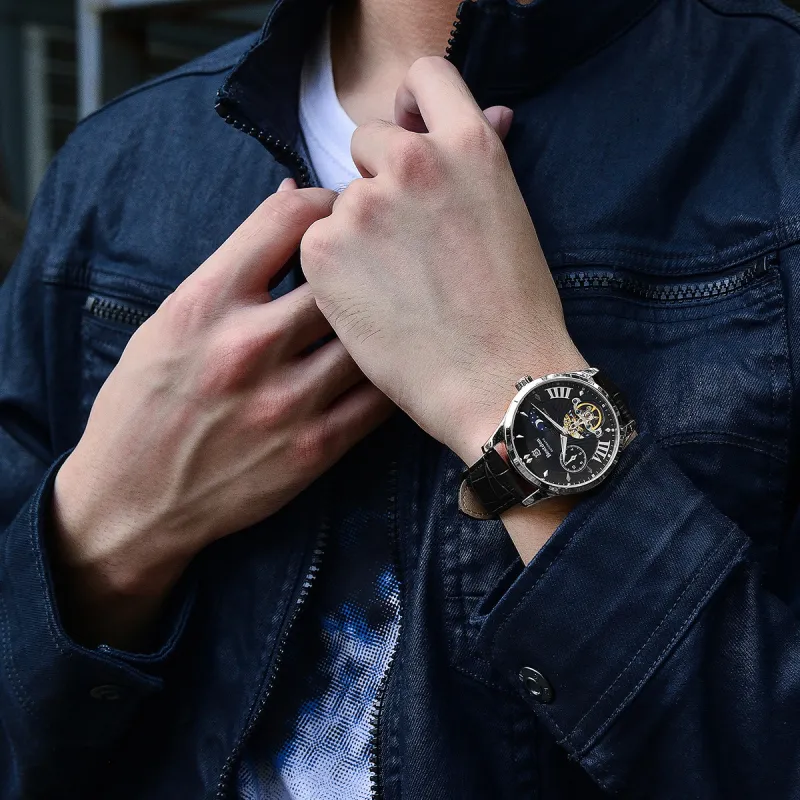 Bestdon Automatic Mechanical Movement Genuine Leather Strap Men's Watches Black Dial-9
