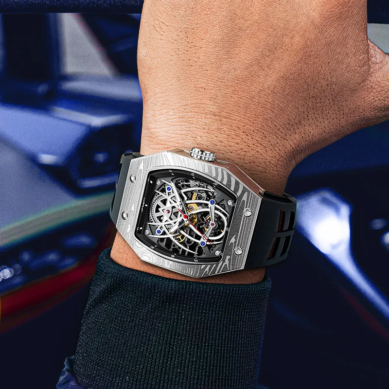 JINLERY Spider Collection Automatic Mechanical Movement Silicone Strap Watch Men's Watches Cut-Out Dial-9