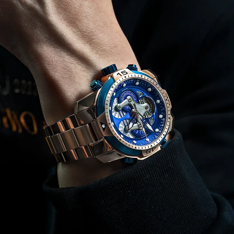 REEF TIGER Aurora Mechanical Movement Stainless Steel Watchband Watch Men's Watches Blue Dial-1