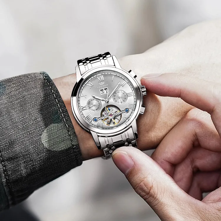 FOCEWALK Leader Collection Mechanical Movement Stainless Steel Watchband Watch Men's Watches Silver Dial-1