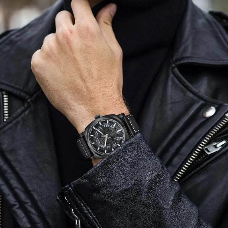 BOUX Galaxy Series Space Base Gull Automatic Mechanical Movement Cowhide Strap Watch Men's Watches Black Dial-4