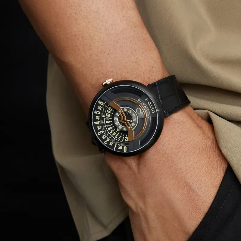 OLTO 8 UFO Series Wrist Watch Automatic Mechanical Movement Genuine Leather Strap Black Dial Men's Watches IF1 S3352-4