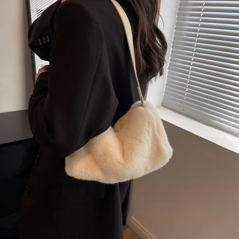 JANE KLAIN Plush Small Square Bag Shoulder Bag Medium Size Women's White/Apricot/Pink-6
