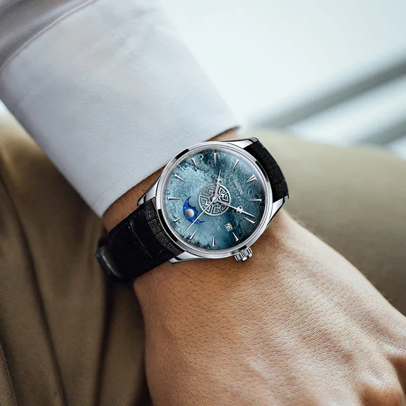 LOBINNI L Automatic Mechanical Movement Genuine Leather Strap Watch Men's Watches Blue Dial-2