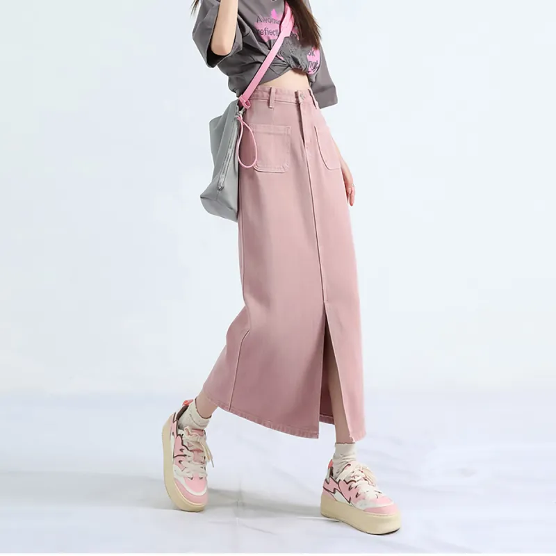 FOREVER 21 Denim Long Skirts Women's Pink-2