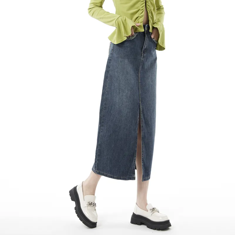 QYPRF Denim Long Skirts Women's Vintage Blue-3