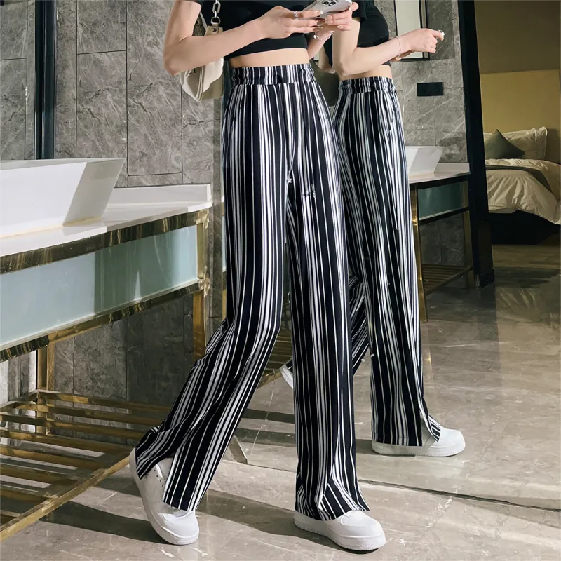 MITUAN Casual Pants Women's Black White Stripes-5