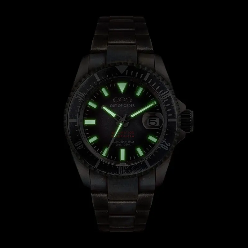 OUT OF ORDER Wrist Watch Automatic Mechanical Movement Stainless Steel Strap Black Dial Unisex OOO.001 21.NE-4