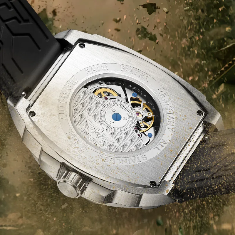 JINLERY Apocalypse Collection Automatic Mechanical Movement Rubber Strap Watch Men's Watches Cut-Out Dial-7