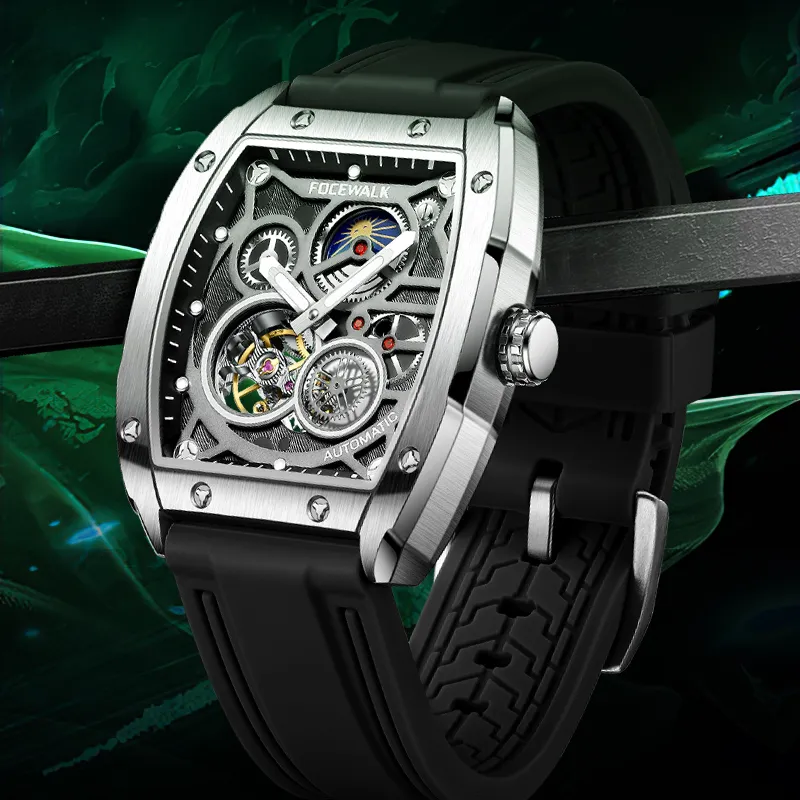 FOCEWALK Three Kingdoms Cao Wei Mechanical Movement Stainless Steel Watchband Watch Men's Watches Green Dial-4