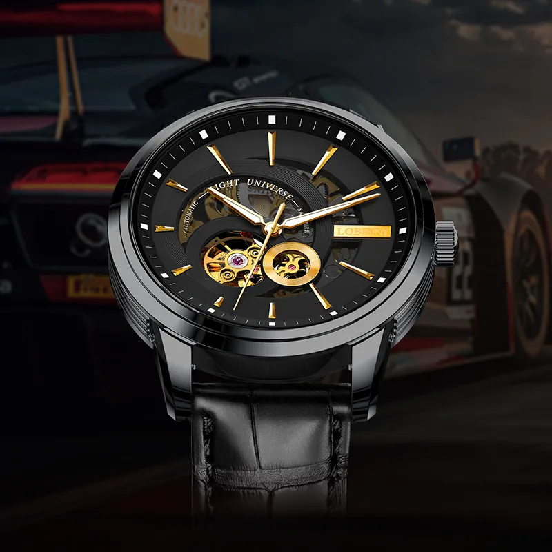 LOBINNI L Automatic Mechanical Movement Genuine Leather Strap Watch Men's Watches Black Dial-2