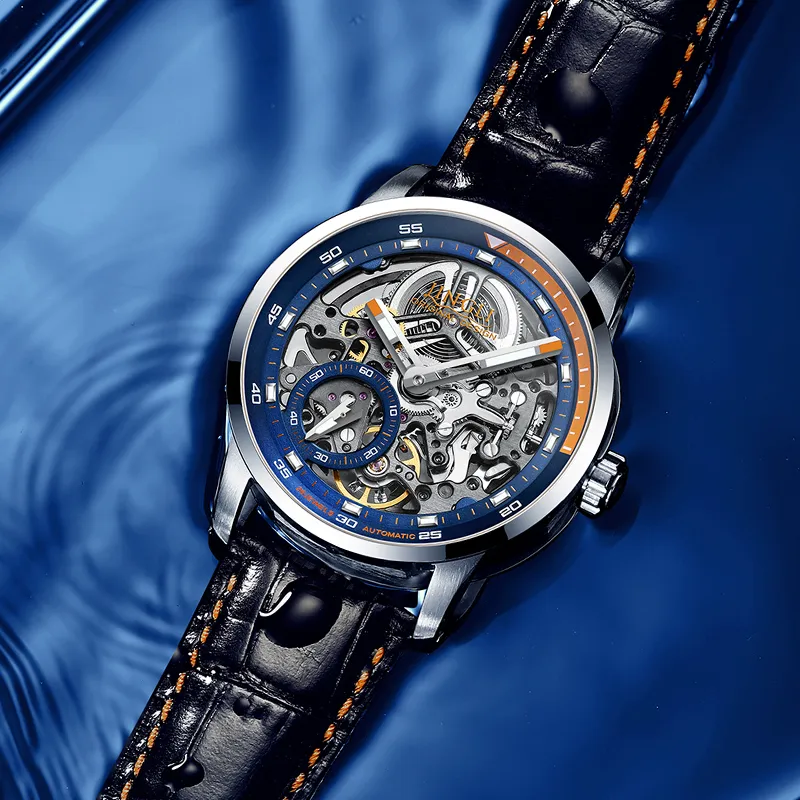 JINLERY Machine Automatic Mechanical Movement Genuine Leather Strap Watch Men's Watches Cut-Out Dial J9033-14