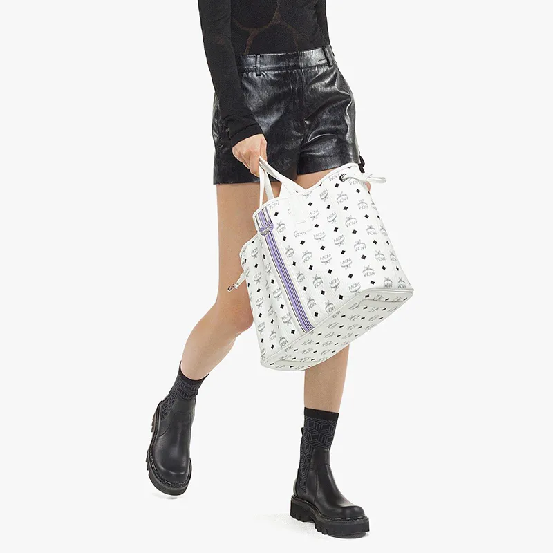 MCM Liz Visetos Fabric+Artificial Leather Combo Bag, Tote Bag, Shopping Bag, Shoulder Bag Medium Size Women's White-5