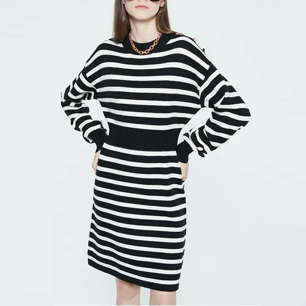 DKNY Long-Sleeved Dresses Women's Black White Stripes-2