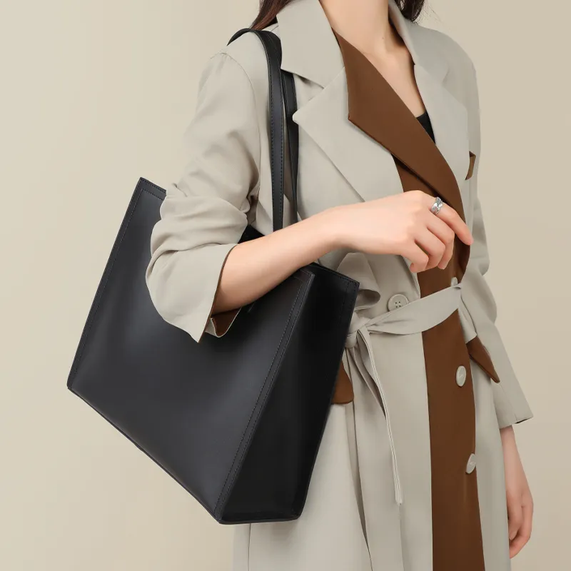 VINEY Cow Leather Shoulder Bag Handbag Tote Bag Shopping Bag Large Size Women's Black-2
