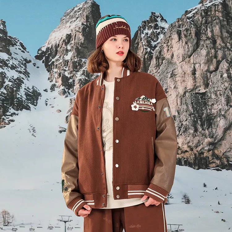 LAMLICKA Solid Color Baseball Collar Loose Fit Puffer Jacket Unisex Brown-4