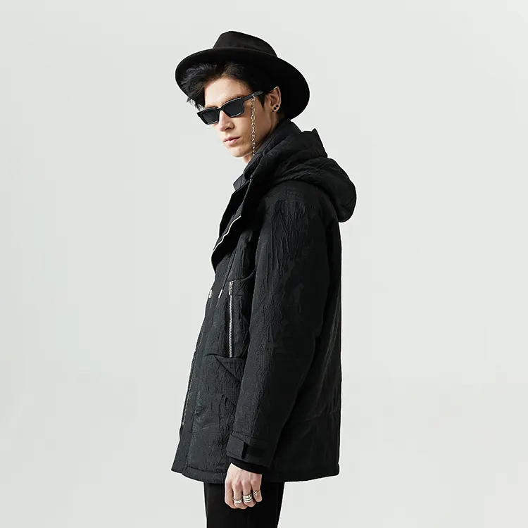 DAVID NAMAN Solid Color Hooded Loose Fit Thickened Mid Length Down Jacket Men's Black-4