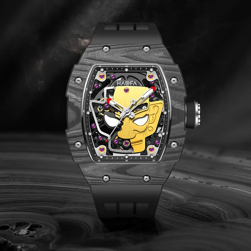 HaofaTourbillon Arknights Series Mechanical Movement Rubber Strap Watch Men's Watches Cut-Out Dial-4
