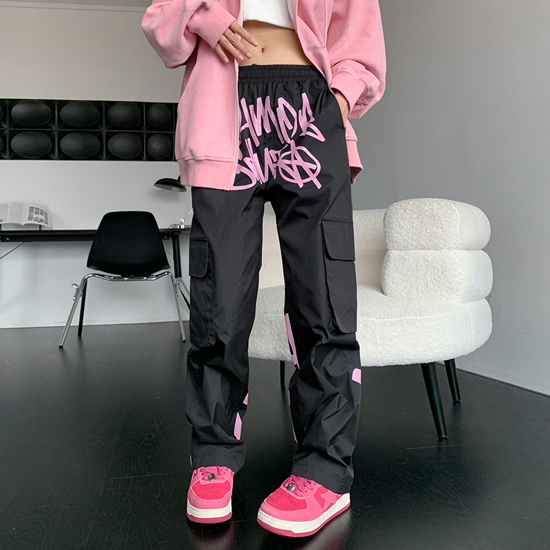 公式【1JINN STUDIO】Black & Pink Jacquard Cargo Pants 404MOB GANG Cargo Pants Unisex Black - POIZON