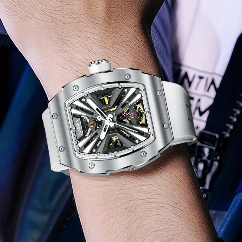 HaofaTourbillon Mechanical Movement Rubber Strap Watch Men's Watches Silver Dial-9