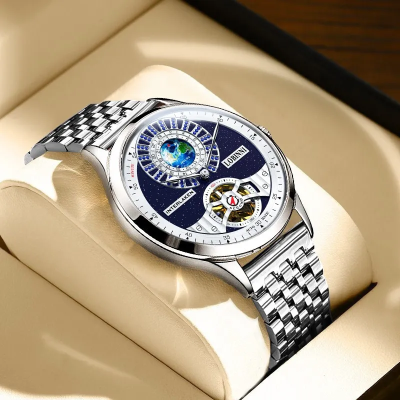 LOBINNI L Planet Watch Men's Automatic Mechanical Movement Cowhide Strap Watch Men's Watches Blue Dial-14
