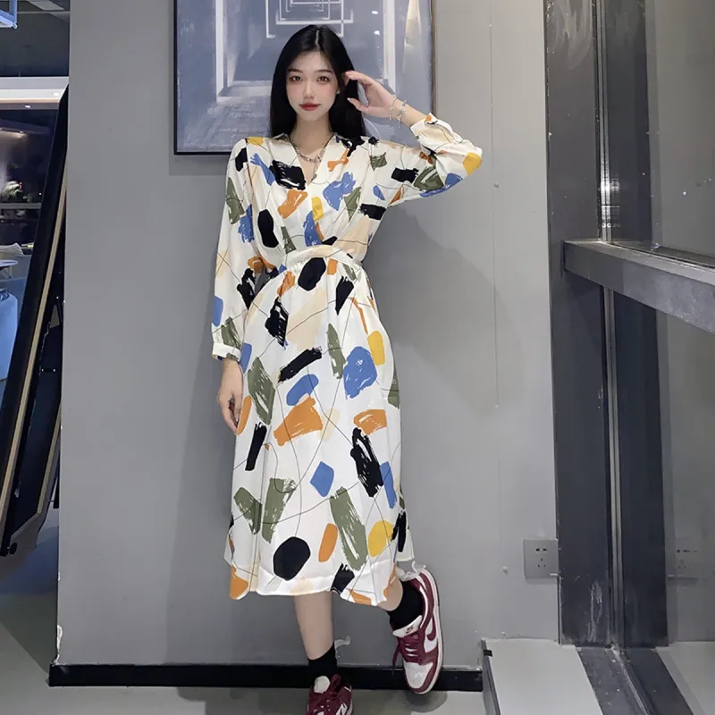 Fashion Long Sleeved Dress Women's Rich Multicolor-3